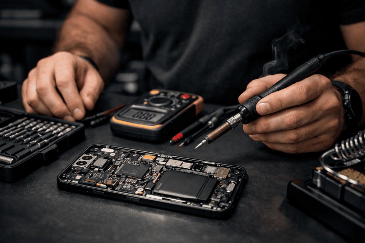 Technician repairing a mobile phone
